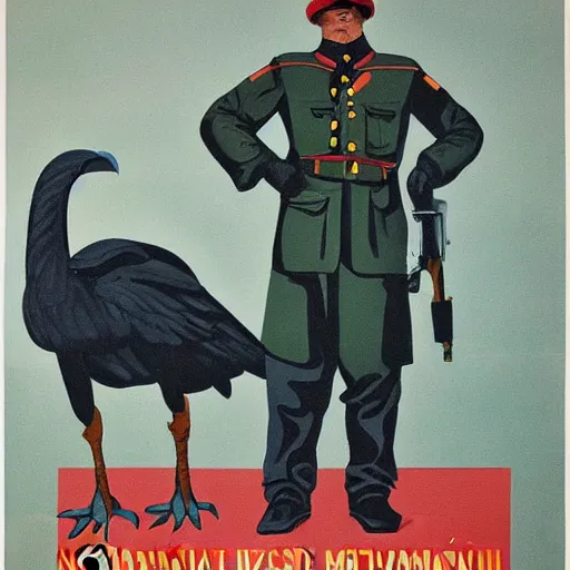 Prompt: soviet propaganda poster depicting a dromaius novaehollandiae in military uniform, painting by dmitti moor