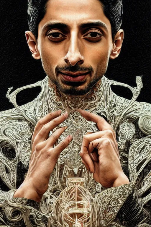 Prompt: Riz Ahmed as a Universal God, fantasy, intricate, elegant, highly detailed, digital painting, 4k, HDR, concept art, smooth, sharp focus, illustration, art by artgerm and H R Giger and alphonse mucha