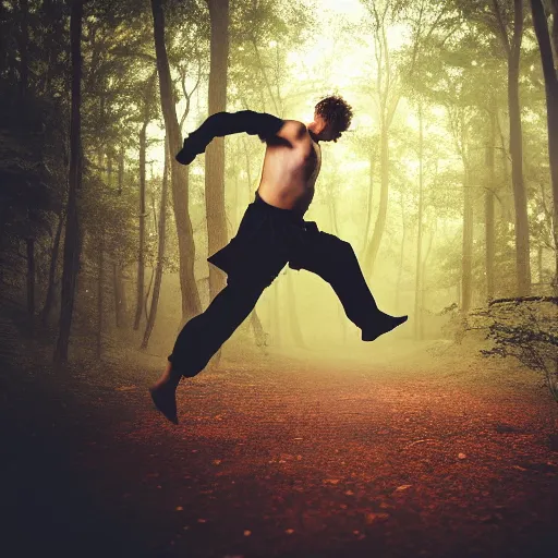 Image similar to An award winning photograph of a a ninja in a moody forrest jumping