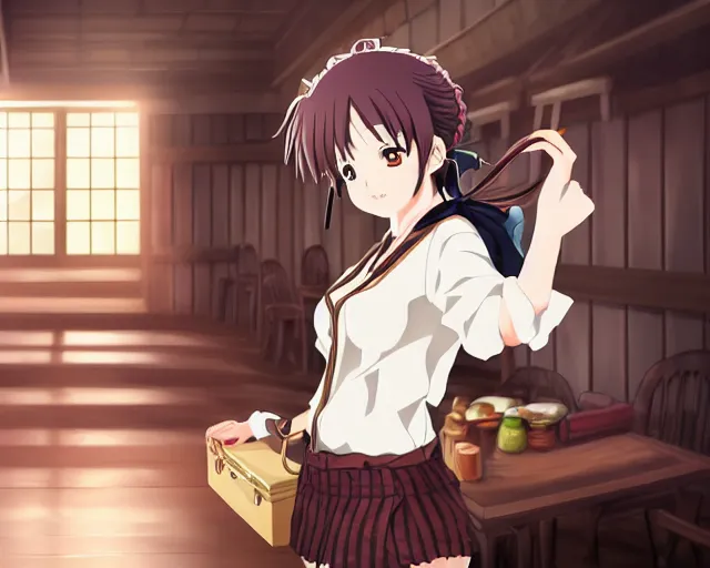 Image similar to key anime visual portrait of a young female with luggage in a tavern interior, dynamic pose, dynamic perspective, cinematic, dramatic lighting, muted colors, fine detail, textured, finely detailed eyes, anime proportions