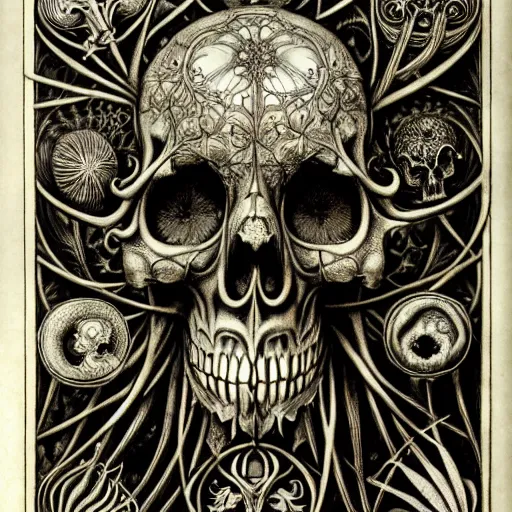 Image similar to memento mori by arthur rackham, art forms of nature by ernst haeckel, exquisitely detailed 3 d render, art nouveau, gothic, ornately carved beautiful skull mask dominant, intricately carved ornamental antique bone, art nouveau botanicals, art forms of nature by ernst haeckel, horizontal symmetry, symbolist, visionary
