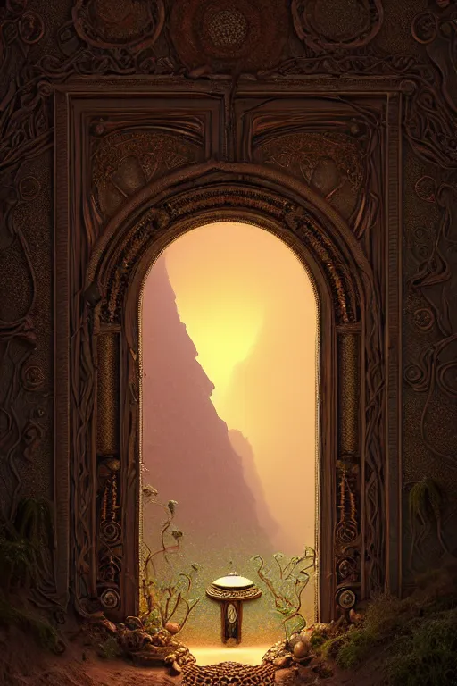 Image similar to ornate doorway leading to a dead god in a desert lush vegetation, warm tones, night, water reflection : : by michal karcz, daniel merriam, victo ngai and guillermo del toro : : ornate, dynamic, particulate, intricate, elegant, highly detailed, centered, artstation, smooth, sharp focus, octane render, 3 d