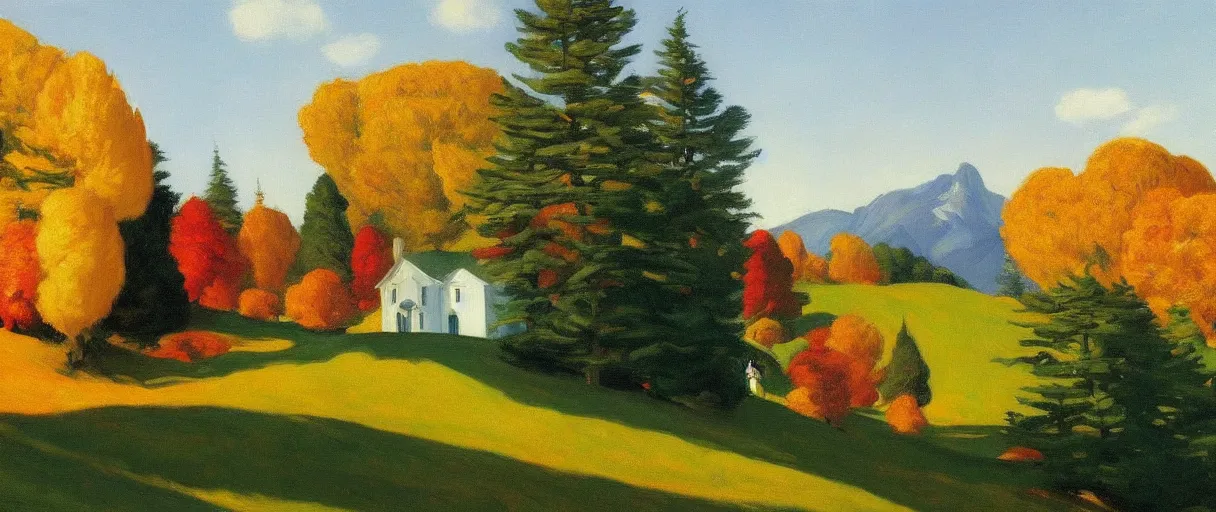 Image similar to a highly detailed, 4 k, alpine landscape with a cottage, dense trees, fall, by edward hopper, new artstation artist,