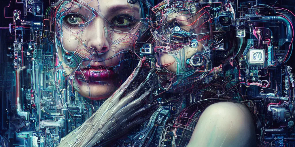 Prompt: portrait of computer & circuits, 8 k, by tristan eaton, stanley artgermm, tom bagshaw, greg rutkowski, carne griffiths, ayami kojima, beksinski, giger, trending on deviantart, face enhance, hyper detailed, minimalist, cybernetic, android, blade runner, full of colour, super detailed