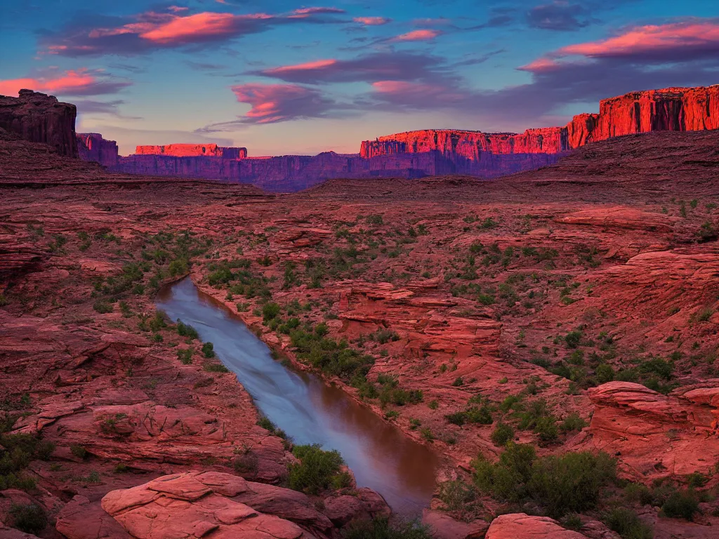 Image similar to “a river bend running through a canyon surrounded by desert mountains at sunset, moab, utah, a tilt shift photo by Frederic Church, trending on unsplash, hudson river school, photo taken with provia, national geographic photo”