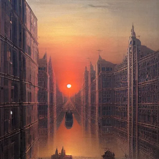 Prompt: painting of a sunset in a futuristic city, by Canaletto, masterpiece, trending on ArtStation