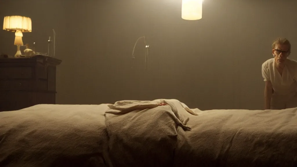 Prompt: the strange creature in the bed, film still from the movie directed by denis villeneuve and david cronenberg with art direction by wayne barlow