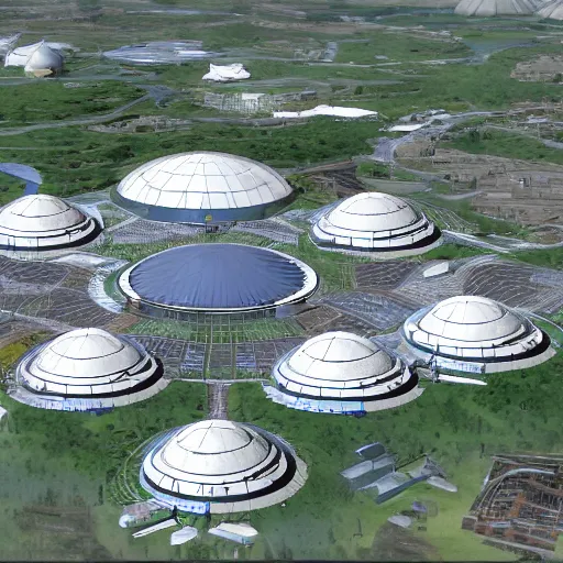 Prompt: a space colony with buildings mostly being domes