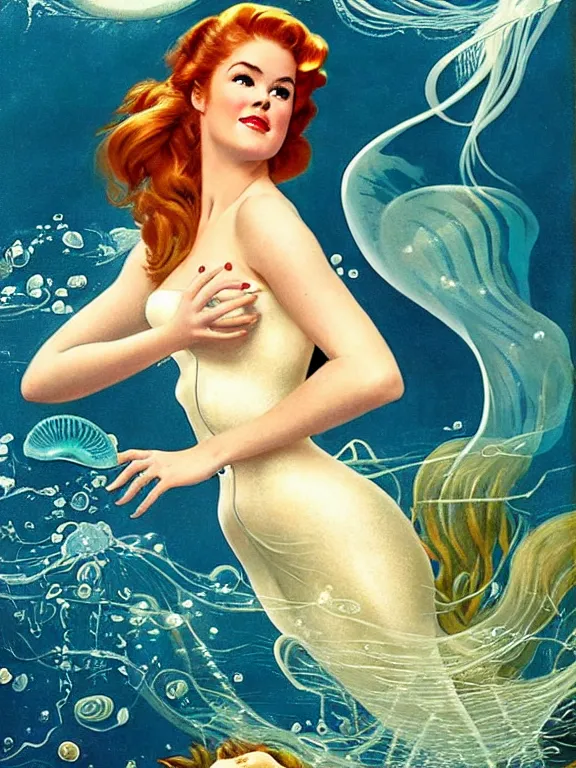 Image similar to isla fisher as the little mermaid long hair covers chest, a beautiful art nouveau portrait by Gil elvgren, beneath the ocean waves glowing jellyfish environment, centered composition, defined features, golden ratio, intricate seashell jewelry that glows