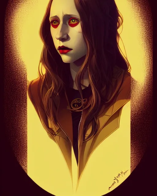 Image similar to in the style of Joshua Middleton and artgerm, beautiful evil vampire Taissa Farmiga sharp bloody vampire fangs open mouth, yellow eyes, symmetrical eyes, realistic face, symmetrical face, brown leather jacket, jeans, long black hair, full body, moody lighting