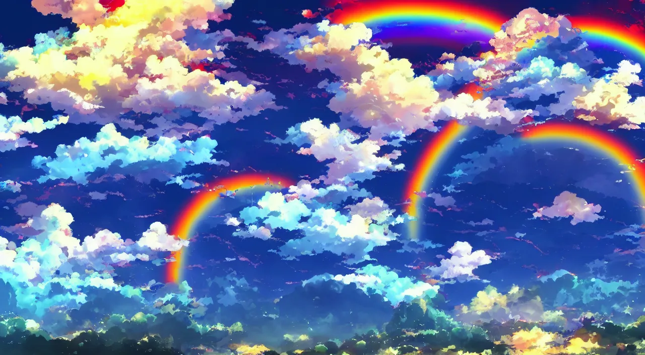 Image similar to anime landscape wallpaper, rainbow clouds