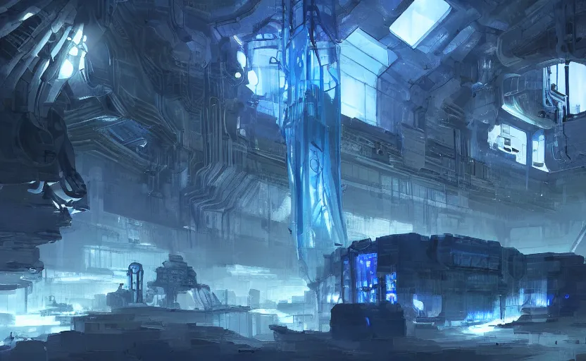 Image similar to futuristic factory in a dark cave, blue crystals, halo, star craft, concept art, mate painting, artstation