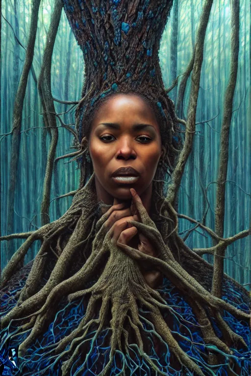 Prompt: hyperrealistic expressive! black woman with detailed exoskeleton armor, touching tree in a forest, concept art masterpiece brad kunkle hannah yata dramatic blue light low angle hd 8k sharp focus