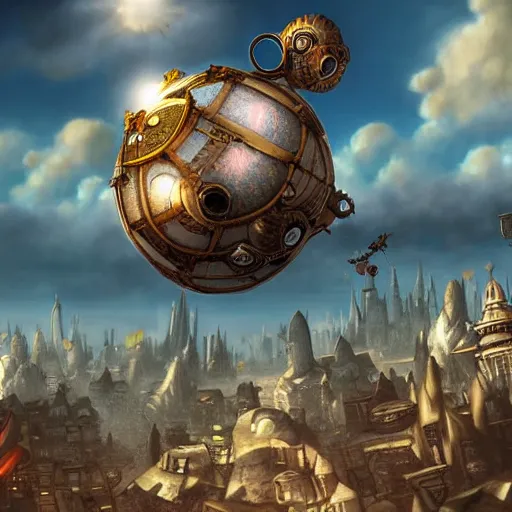 Image similar to flying egg - shaped steampunk city, fantasy art, sky in the background, detailed, behrens style