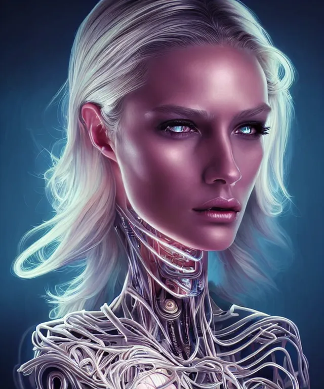 Prompt: Supermodel woman turning into an Android portrait, dark surrealism , scifi, intricate, elegant, sharp eyebrows, ornate long flowing blonde hair, highly detailed cybernetic body, neon glowing eyes, digital painting, artstation, concept art, smooth, sharp focus, illustration, art by artgerm and moebius and alphonse mucha