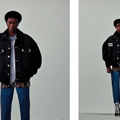 Image similar to realistic photoshooting for a new sacai emil lookbook color film photography portrait of a beautiful woman model, model wears a black paneled denim jacket, photo in style of tyler mitchell