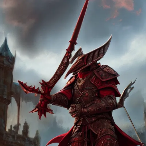 Prompt: A noble red dragonborn paladin with a halberd heroically posing in front of a castle, fantasy, medieval, cinematic, serious expression, 8k, trending on artstation, Bayard Wu, Rudy Siswanto, Sam Santala, In the style of Clint Cearley