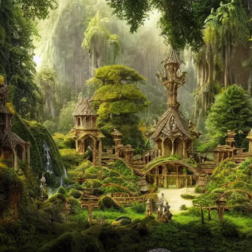 Image similar to a beautiful and highly detailed matte painting of an elven temple magical fantasy garden in a lush forest, intricate details, epic scale, insanely complex, 8 k, sharp focus, hyperrealism, by caspar friedrich and brian froud,