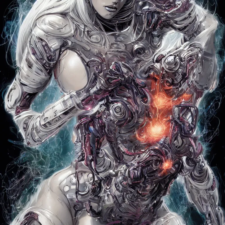 Prompt: comic art,Sprial, a gorgeous beautiful female six-armed Mutant and Cyborg Sorcerer with white hair long legs standing at a dimensional gateway,full character design,8k,art by Stanley Artgermm,Travis Charest,Carne Griffiths,trending on Artstation,face enhance,hyper detailed,full of colour,cinematic,dynamic lighting