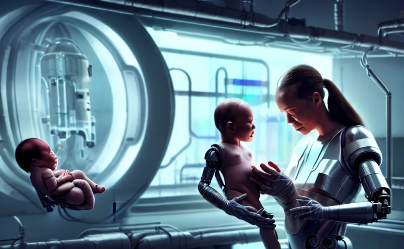 Image similar to a very realistic movie still of a cyborg woman holding a new born cyborg baby in a cyborg factory lab, highly detailed render by beeple, syd meade, starwars, space art concept, sci - fi, digital art, unreal engine, wlop, trending on artstation, 4 k uhd image, octane render