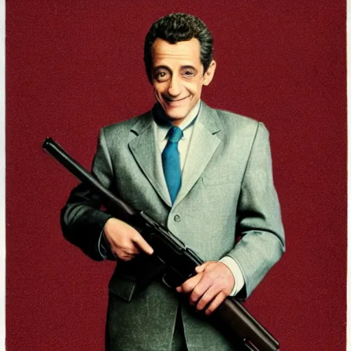 Image similar to hyper realistic and detailed vintage portrait photo of Nicolas Sarkozy standing with an AK47, ektachrome