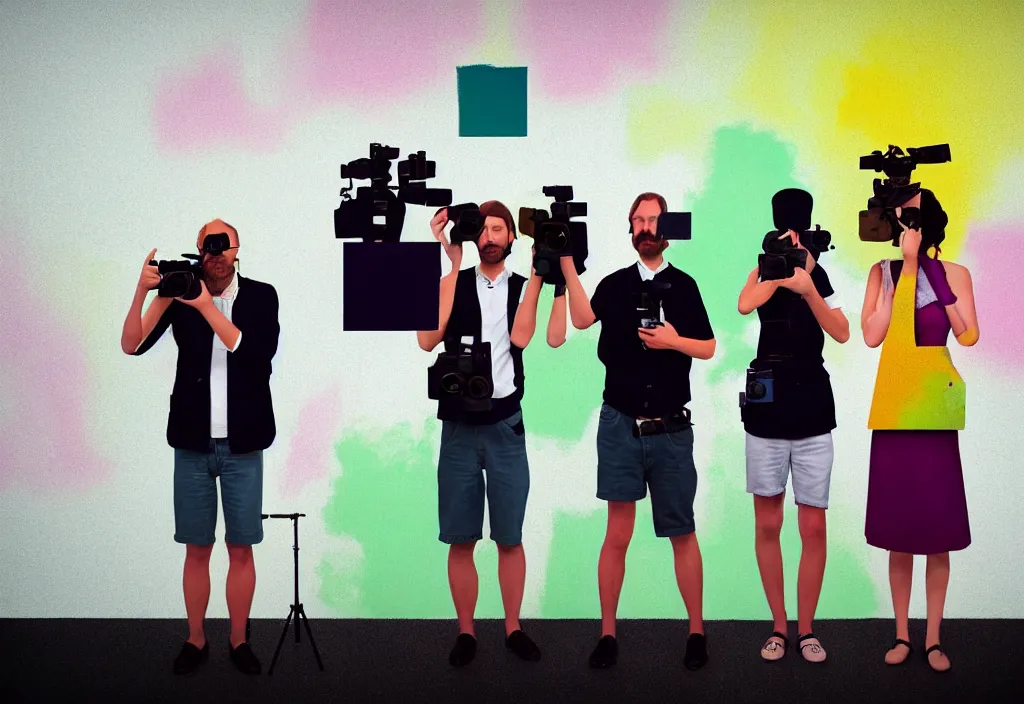 Image similar to full body portrait of a trio of european tourists with nikon cameras, various poses shooting photos, character designs painting, in the style of wes anderson, rene magritte, lola dupre, david hockney, isolated on white background, dark monochrome neon spraypaint accents volumetric octane render