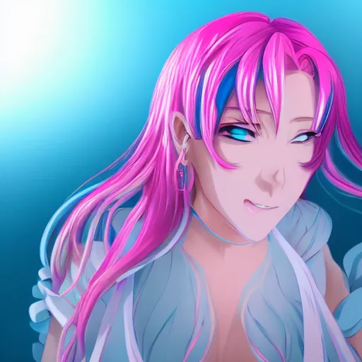 Prompt: stunningly beautiful gigantic omnipotent anime goddess with pink hair and mesmerizing cyan eyes, viewed from below, 8 k