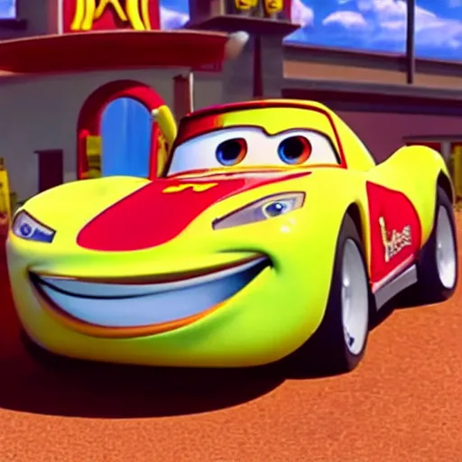 Prompt: Still image from a Disney movie of Lightning Mcqueen working at McDonalds