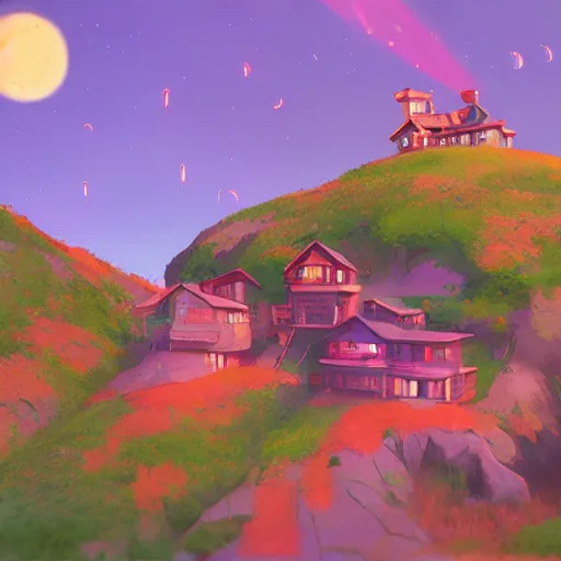 Image similar to beautiful 3 d painting of a colourful house on a hilltop at midnight with small fireflies flying around, in the style of studio ghibli, artstation, unreal engine