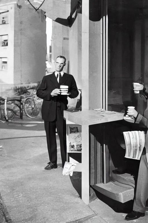 Prompt: a 1 9 5 0 s detective standing outside his office with a coffee and a newspaper in his hand. sunrise.