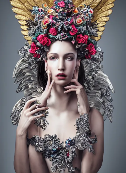 Image similar to expressive full body photo of an angel, ornate headpiece made from flowers, ornaments, glamour shot, by karol bak, photorealistic, canon r 3, fashion photography, hyper maximalist, elegant, ornate, luxury, elite, environmental portrait, symmetrical features, octane render, unreal engine, solid dark grey background, dramatic lights