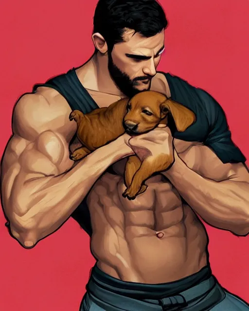 Image similar to gigachad barack obama bodybuilder holding a cute puppy in final fight mountain by ilya kuvshinov, ernest khalimov body by krista sudmalis, fantasy character portrait, ultra realistic, concept art, intricate details, elegent, digital painting, smooth, sharp focus, illustration, art by artgerm and greg rutkowski and alphonse mucha, artstation