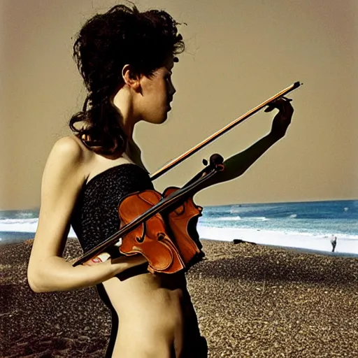 Prompt: violinist beach annie lebovitz photography artistic