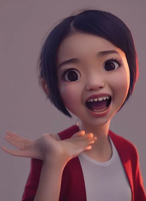 Prompt: a cute asian girl singing, short hair in the style of pixar animation, mid-shot, award winning, hyper detailed, studio lighting, artstation, octane renderer, unreal engine
