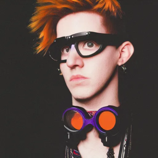 Prompt: kodak ektar 1 0 0 photograph of a nerdy goth guy wearing goggles and eclectic jewelry, moody lighting, telephoto, 9 0 s vibe, blurred background, vaporwave colors, faded!,