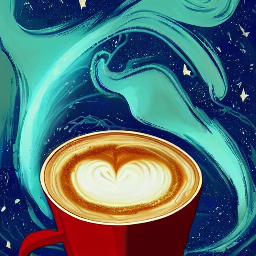 Image similar to a cosmic explosion inside a cup of coffee, digital art, trending on artstation