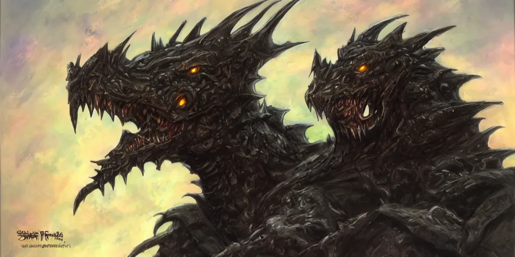 Prompt: Portrait of a terrible black dragon by Samwise Didier