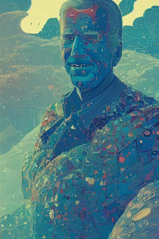 Prompt: portrait of distant joe biden, smiling down from above turned away, artstation winner by victo ngai, kilian eng and by jake parker vibrant colors, winning - award masterpiece, fantastically gaudy, aesthetic octane render, 8 k hd resolution