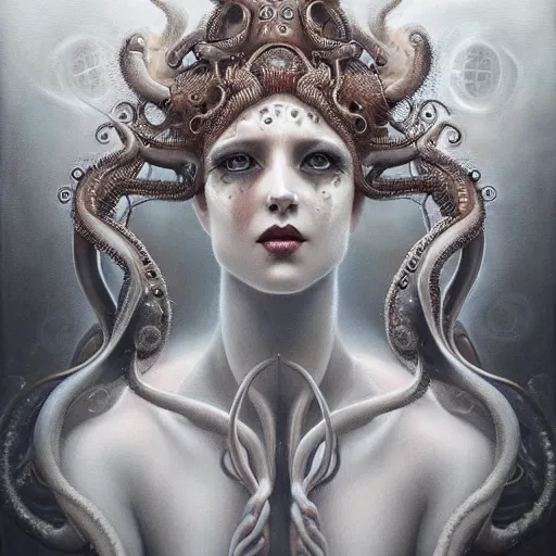 Prompt: By Tom Bagshaw, ultra realist soft painting of curiosities carnival by night, very beautiful bodysuit tentacles, symmetry accurate features, very intricate details, ominous sky, black and white, volumetric light clouds
