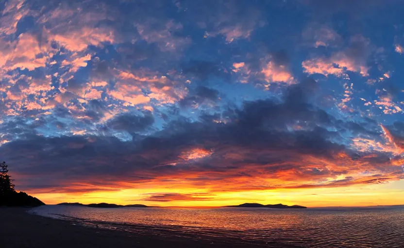 Prompt: a panoramic picture of agawa beach, sunset