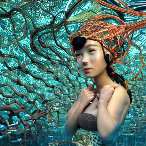 Image similar to swimming deeper into the multiverse, piles of modular synth cables mixed with mangrove roots, kawaii puerto rican goddess chilling out wearing a headpiece made of circuit boards, by cameron gray, wlop, stanley kubrick, masamune, hideki anno, jamie hewlett, unique perspective, trending on artstation, 3 d render, vivid