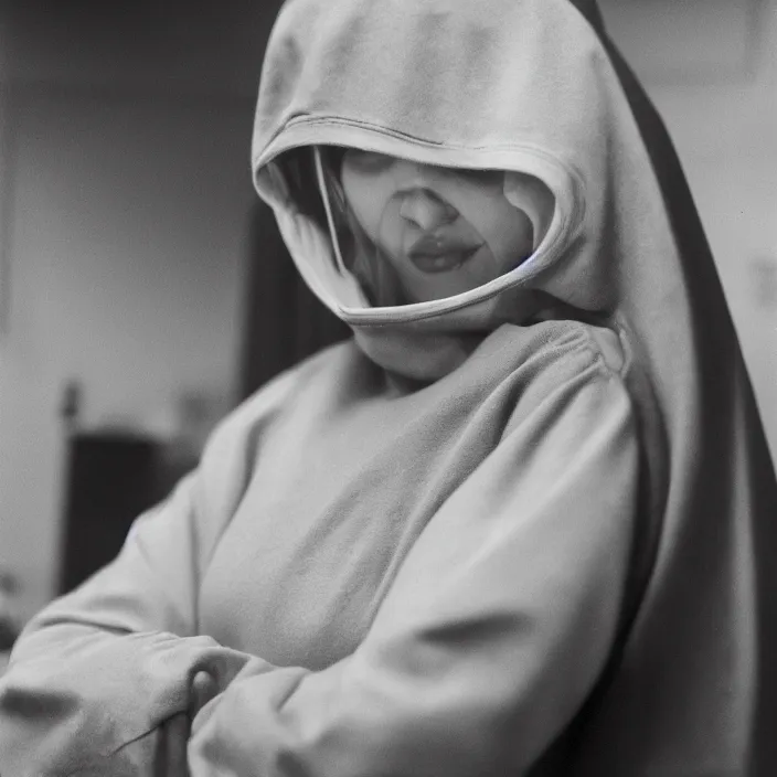 Prompt: a closeup of a woman wearing a hood made of wire and plastic, in a laundry mat, color photograph, by edward hopper, canon eos c 3 0 0, ƒ 1. 8, 3 5 mm, 8 k, medium - format print