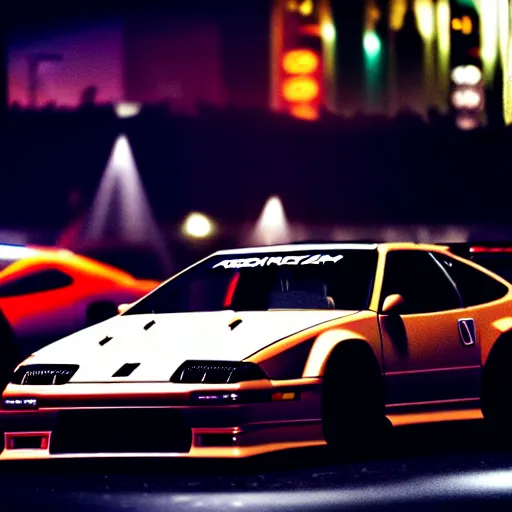 Image similar to a car 300ZX twin turbo drift at illegal car meet, Shibuya prefecture, city midnight mist lights, cinematic lighting, photorealistic, highly detailed wheels, high detail