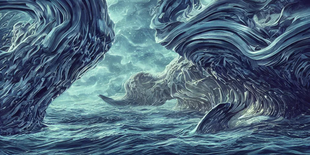 Prompt: of a stormy wide sea with large strange happy flying creatures with huge eyes, mouth, long tongue and round teeth appearing from the sky, in the style of gehry and gaudi, macro lens, highly detailed, shallow depth of fielf, digital painting, trending artstation, concept art, illustration, cinematic lighting, vibrant colors, photorealism, epic, octane render