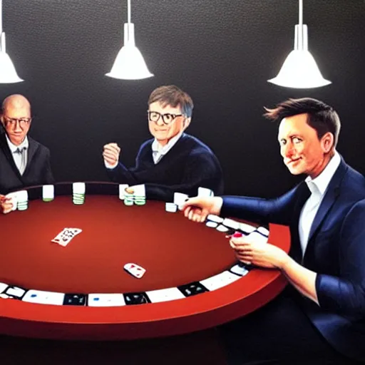 Image similar to UHD photorealistic Elon Musk playing poker with Satoshi Nakamoto, Klaus Schwab, and Bill Gates, hyperrealistic, correct details, studio lighting, symmetrical faces, accurate faces, by Greg Rutkowski