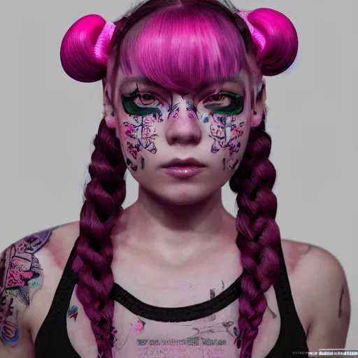 Image similar to An octane 3d render of a girl with pink pigtails, and face tattoos, 8d, HD, hyper detailed, intricate details, photorealistic, dynamic lighting, stunning visuals, creative, trending on art station,