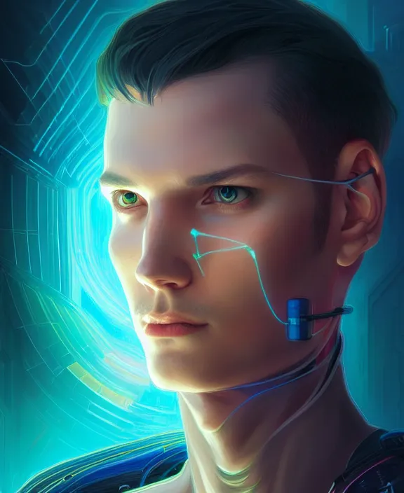 Image similar to a whirlwind inside the metaverse, guy, male, man, hologram, half body, neurochip, android, cyborg, cyberpunk face, by loish, d & d, fantasy, intricate, elegant, highly detailed, colorful, digital painting, artstation, concept art, art by artgerm and greg rutkowski and alphonse mucha