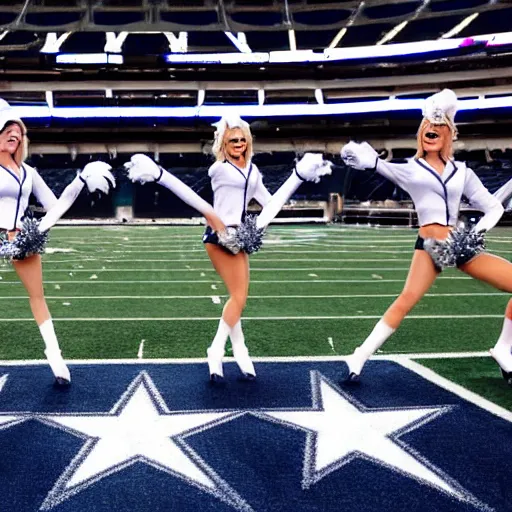 Image similar to Three anthropomorphic goats, dressed as Dallas cowboys cheerleaders, doing a kickline at AT&T stadium on the football field