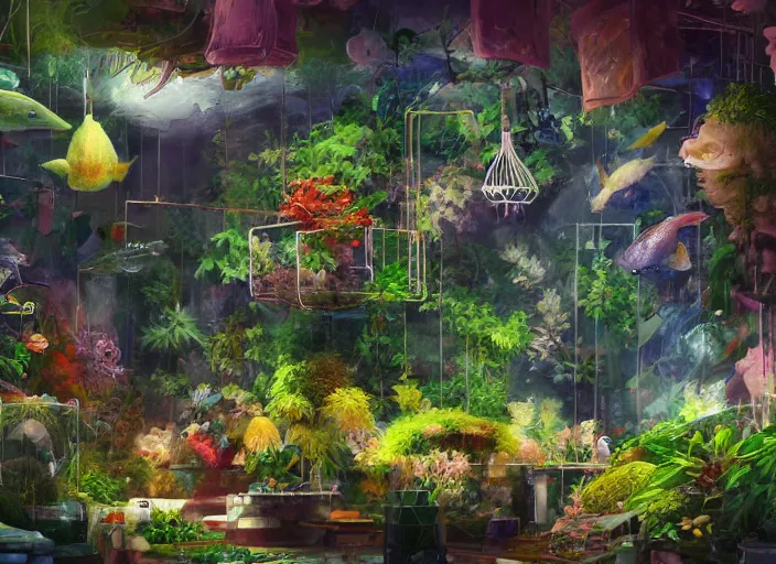 Prompt: messy cozy store with cluttered hanging cages and bright aquariums, dense verdant foliage, dim painterly lighting volumetric aquatics, impasto, trending on pixiv