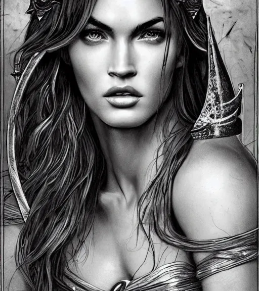 Image similar to portrait of megan fox as beautiful aphrodite goddess as an archer, arrow crown, beautiful piercing eyes, flowing blonde hair, realistic face, black and white drawing, in the style of greg rutkowski, fantasy, amazing detail, epic, intricate, elegant, smooth, sharp focus